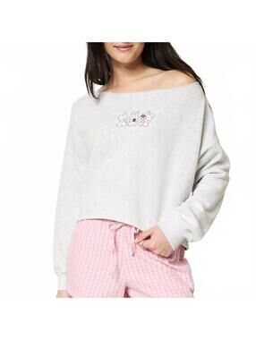 Hollister Easy Graphic Double Off-the-Shoulder Sweatshirt Light Heather Gray XS